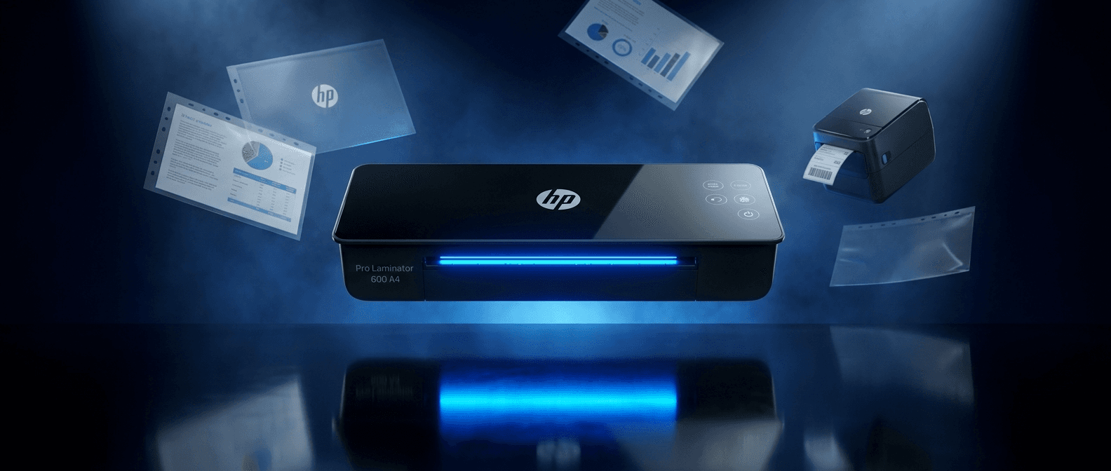 TWO STEPS — HP Pro Laminator 600 with floating documents, label printer and laminating films